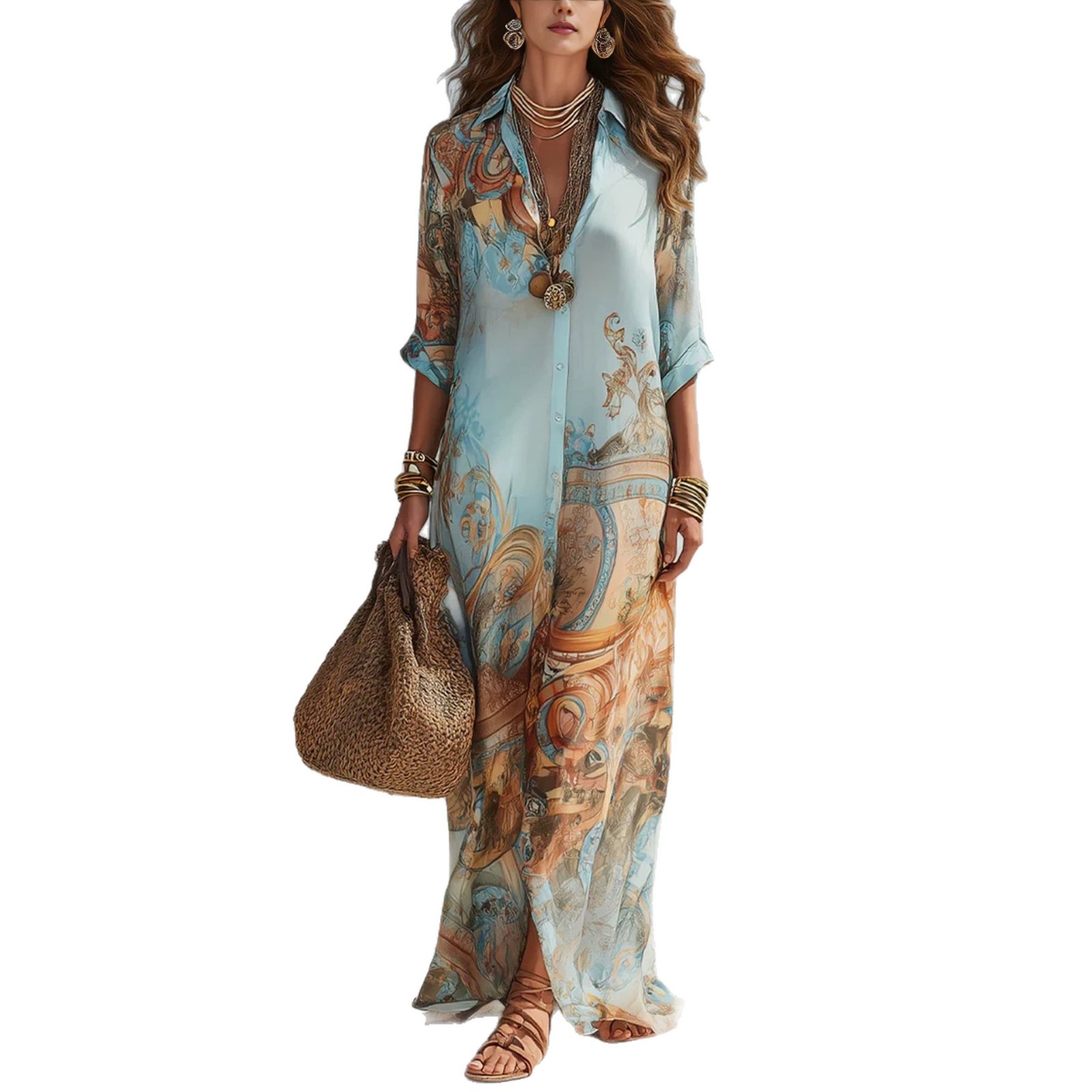 Floral Print Collared Midi Shirt Dress with Puff Sleeves