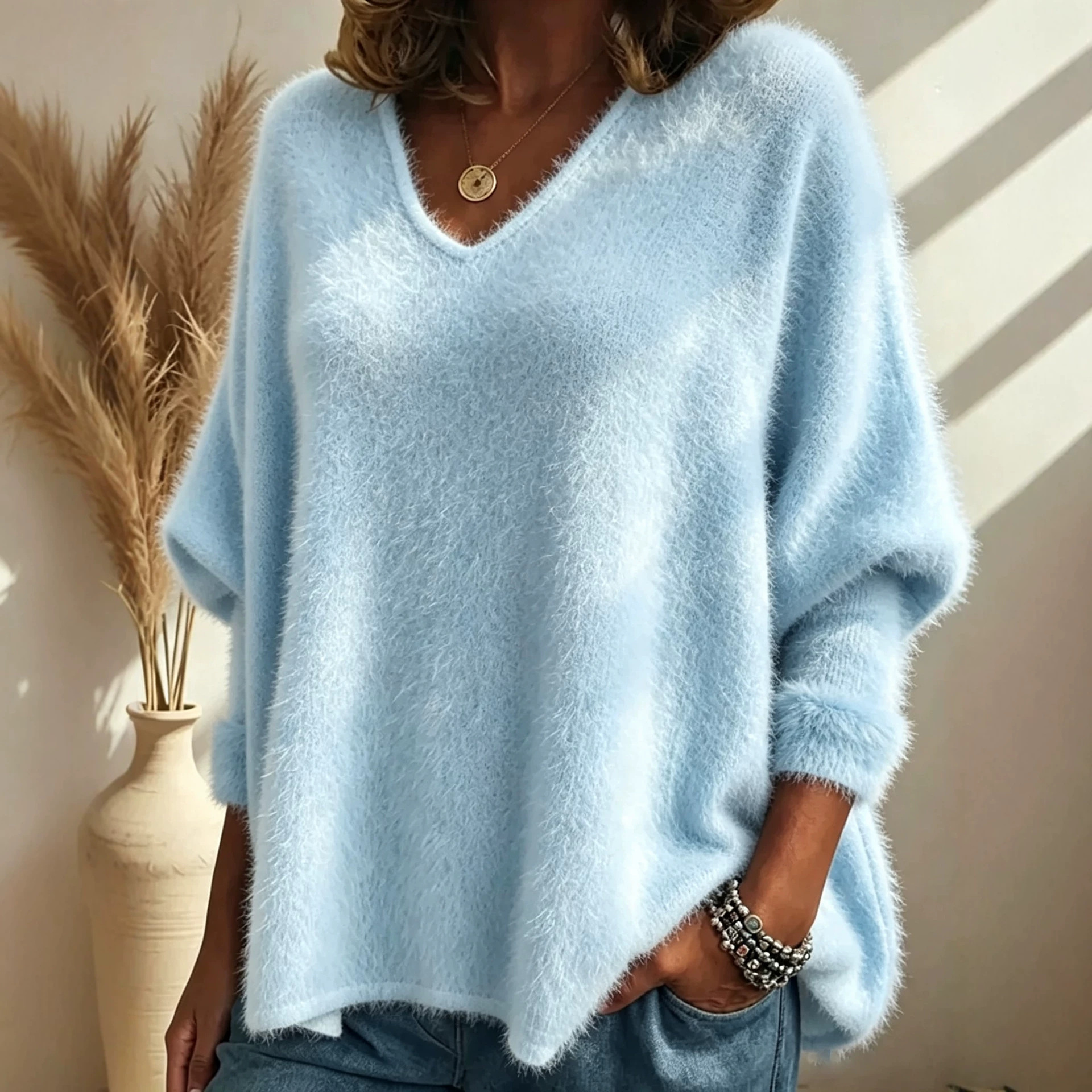 Women's Solid V-Neck Pullover Knit Sweater Top