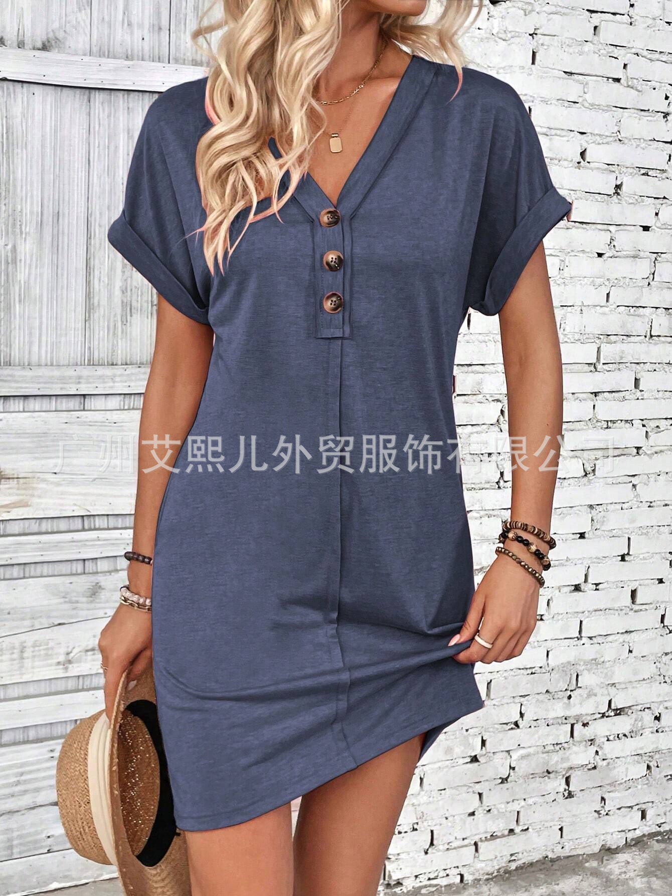 Women's V-Neck Button Short Sleeve Solid Color Midi Dress