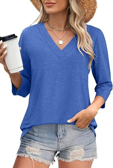 Women's V-Neck 3/4 Sleeve Knit Top - Fitted Casual T-Shirt