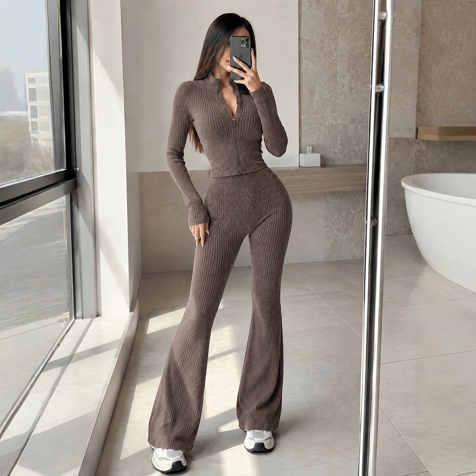 Women's Textured Zip Cardigan & High-Waist Flared Pants Set
