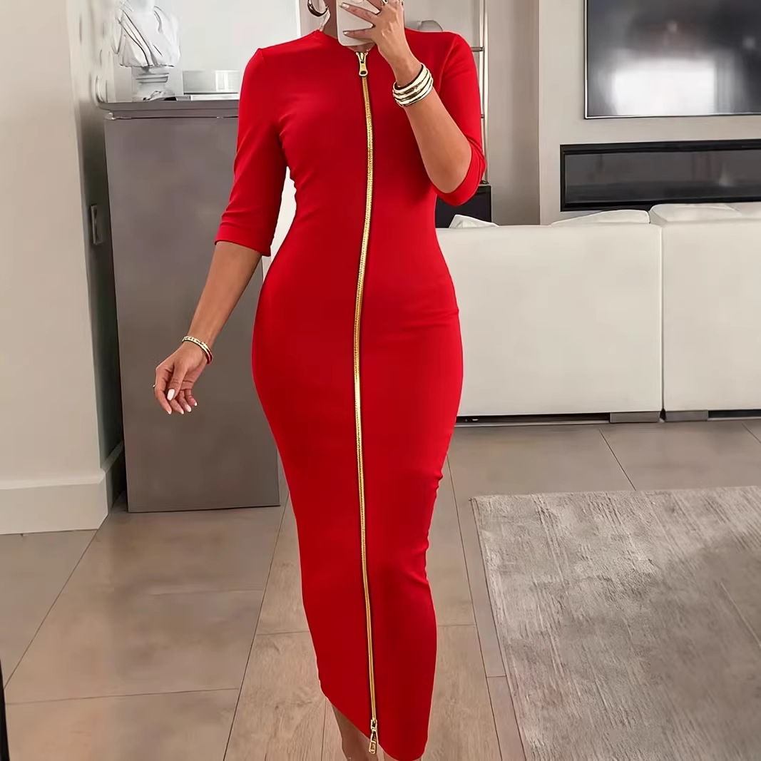 Women's Sexy Bodycon Midi Dress with Zip Short Sleeve