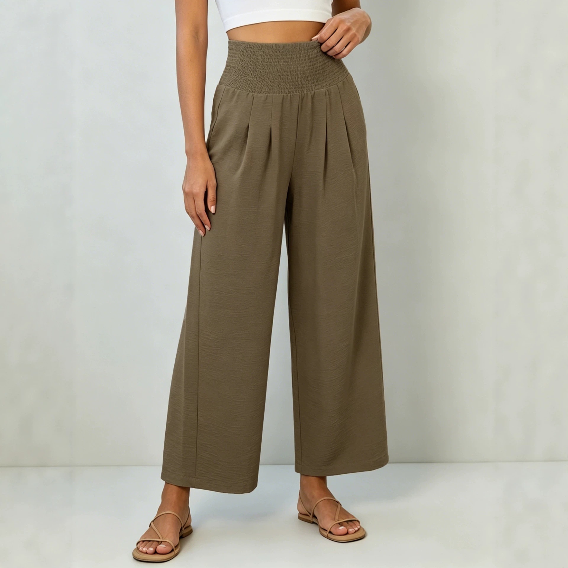 Women's High-Waist Smocked Linen-Blend Wide-Leg Cropped Pants