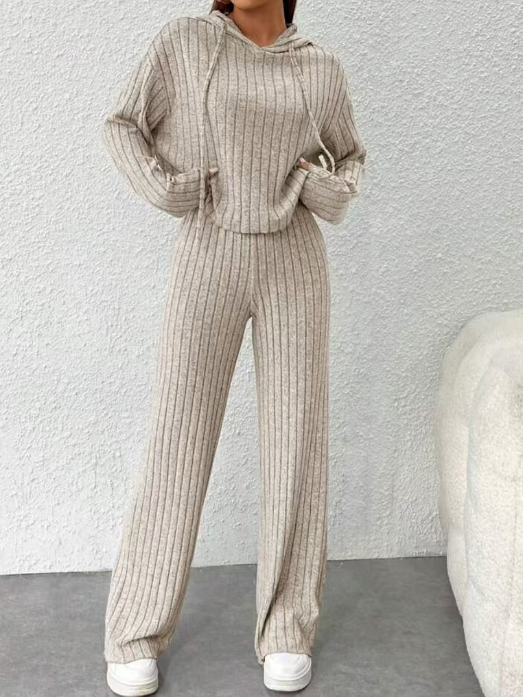 Striped Hooded Knit Sweatsuit Set Long Sleeve Top & Pants Relaxed Fit