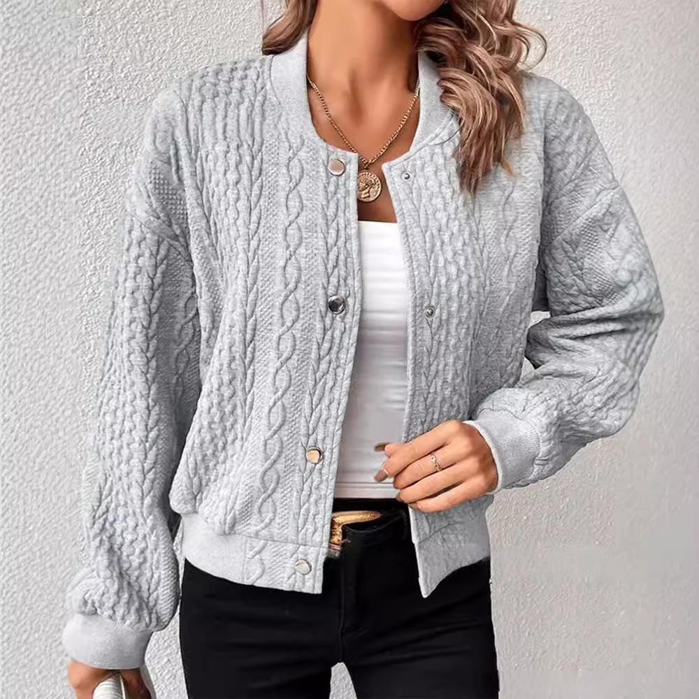 Women's Casual Jacquard Stand Collar Single-Breasted Bomber Jacket