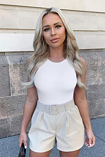 Women's Sleeveless Ribbed Bodysuit High Neck Solid Color