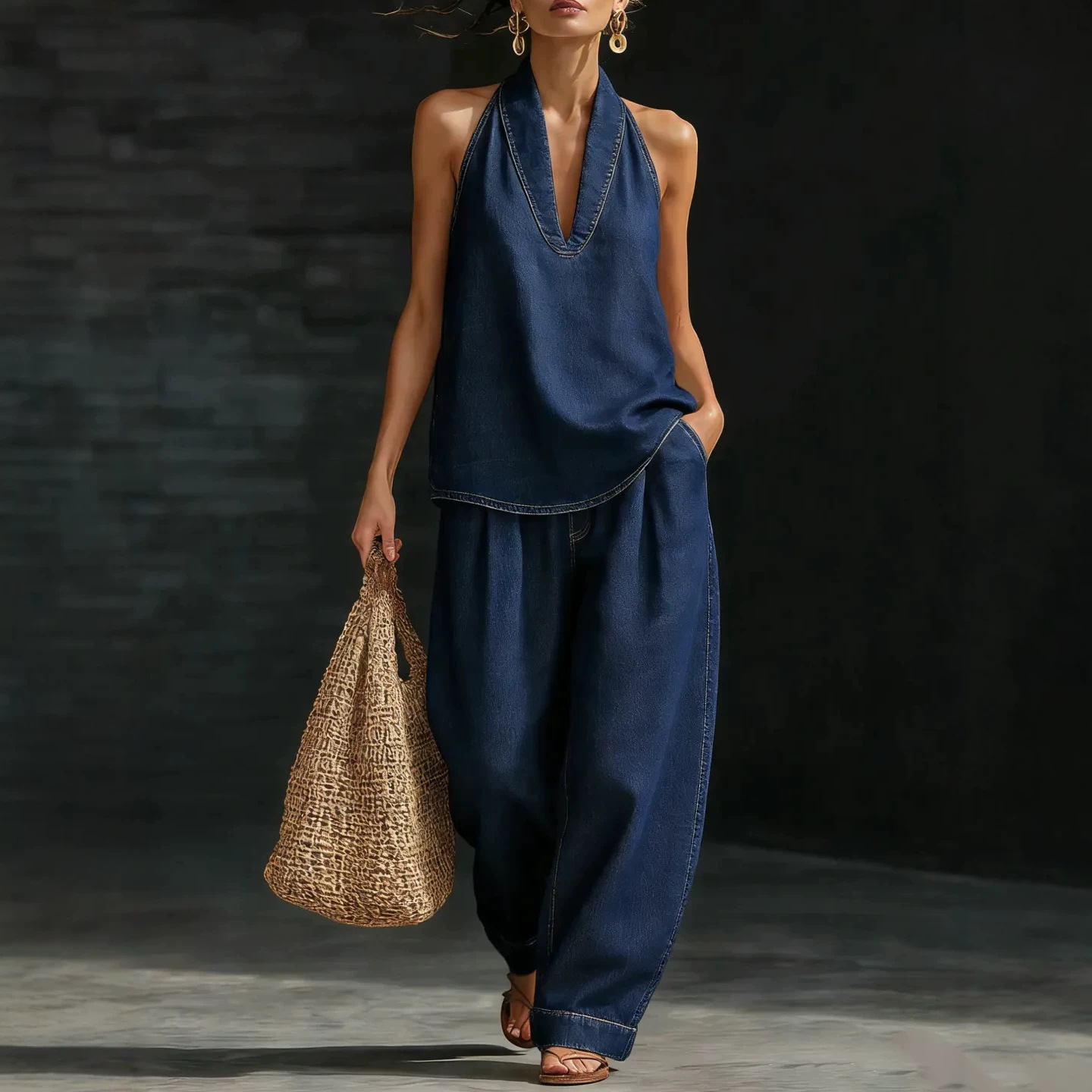 Women's Retro Button-Down Denim Top & Wide-Leg Jeans Set