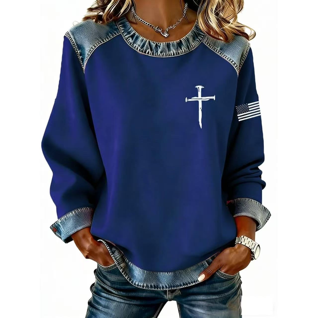 Denim Collar Colorblock Knit Pullover Sweater