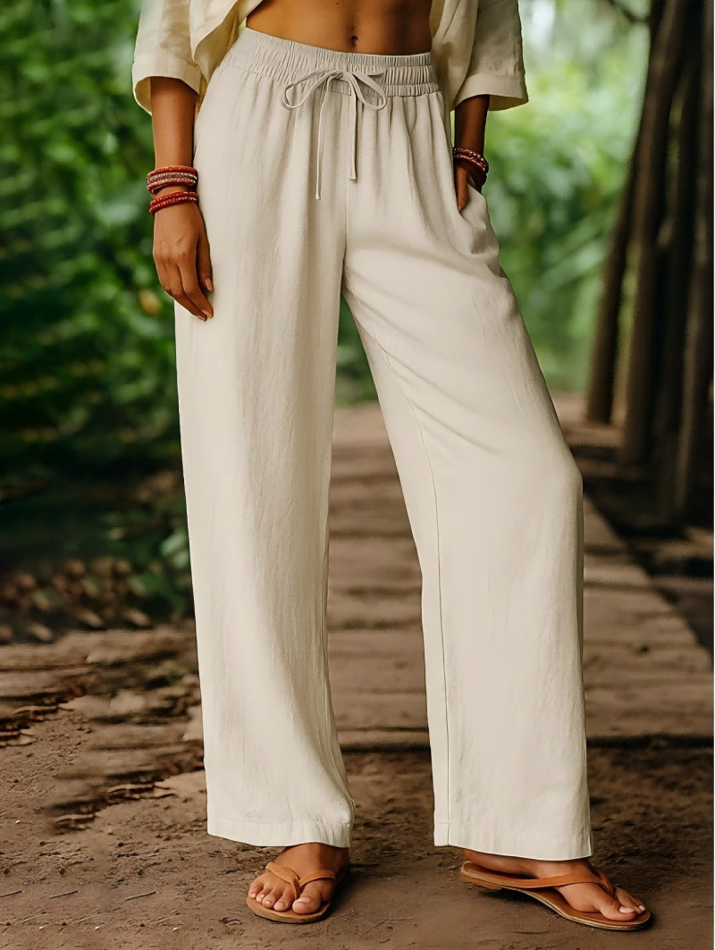 Women's Cotton-Linen Wide-Leg Pants High Waist Drawstring Casual