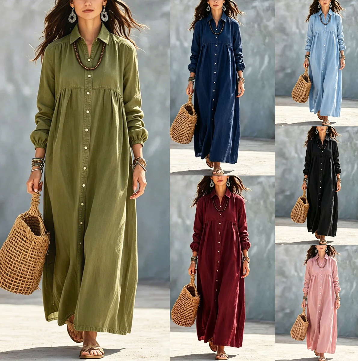 Solid Shirt Dress with Collar and Buttons Long Sleeve Loose Fit Midi