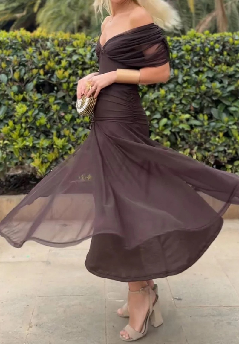 Elegant Solid Deep V-Neck Waist-Cinched Mesh Dress