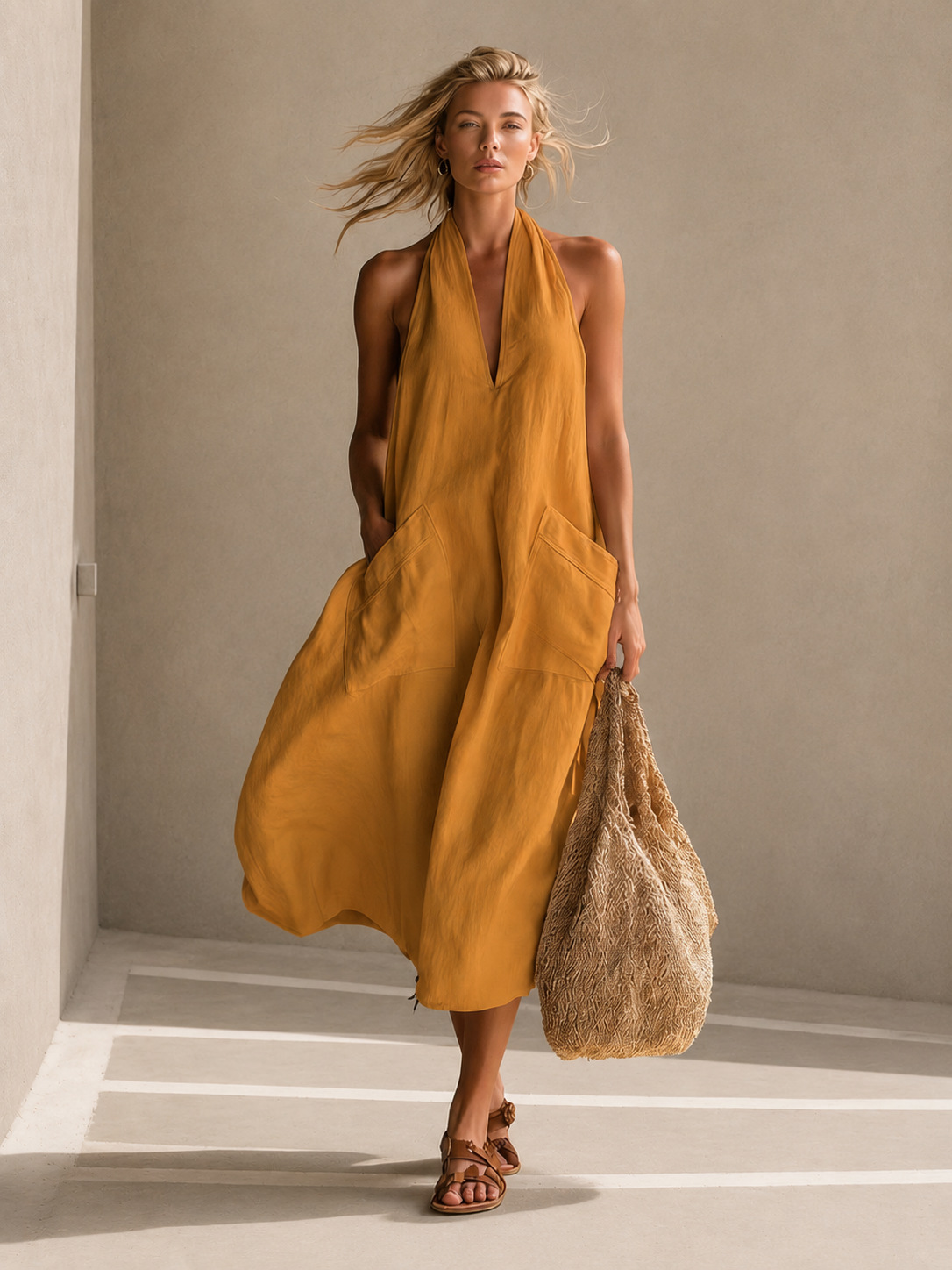 Women's V-Neck Sleeveless A-Line Midi Dress with Patch Pockets