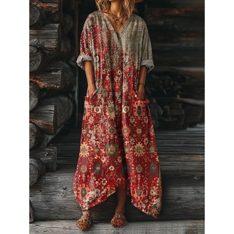 Women's Floral Ripple Print V-Neck A-Line Midi Dress Long Sleeve
