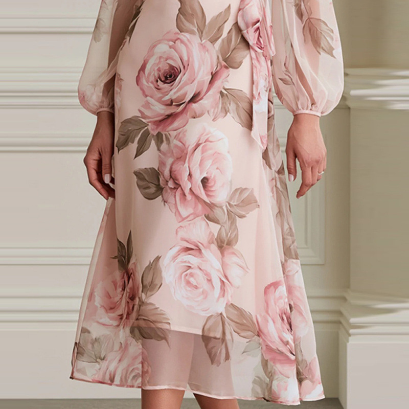 Floral Print V-Neck Lantern Sleeve A-Line Midi Dress