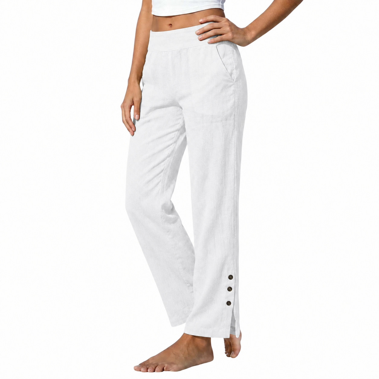 Women's Cotton Linen High Waist Wide Leg Pants with Side Slit Buttons