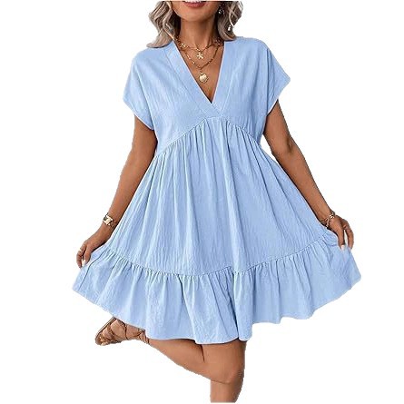 Women's Summer V-Neck Short Sleeve Ruffle Hem Babydoll Dress