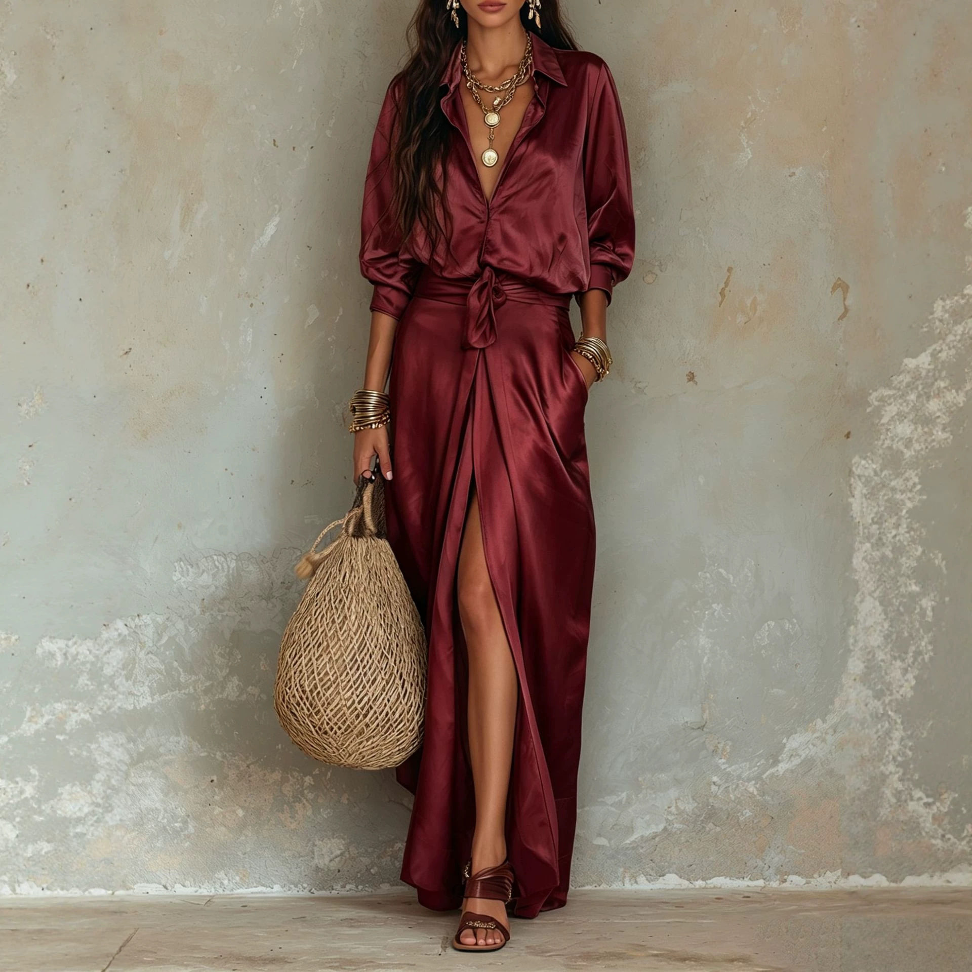 Satin Shirt and Slit Midi Skirt Set with Pockets