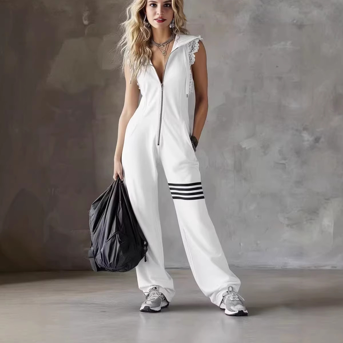 Women's Summer Sleeveless Hooded Romper Lace Striped Sporty Retro