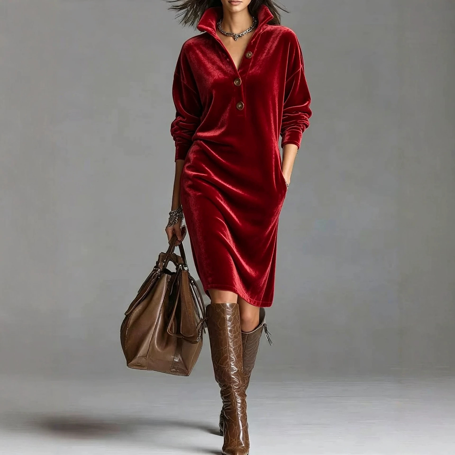 Women's Velvet Button-Front Collared Loose Straight Midi Dress
