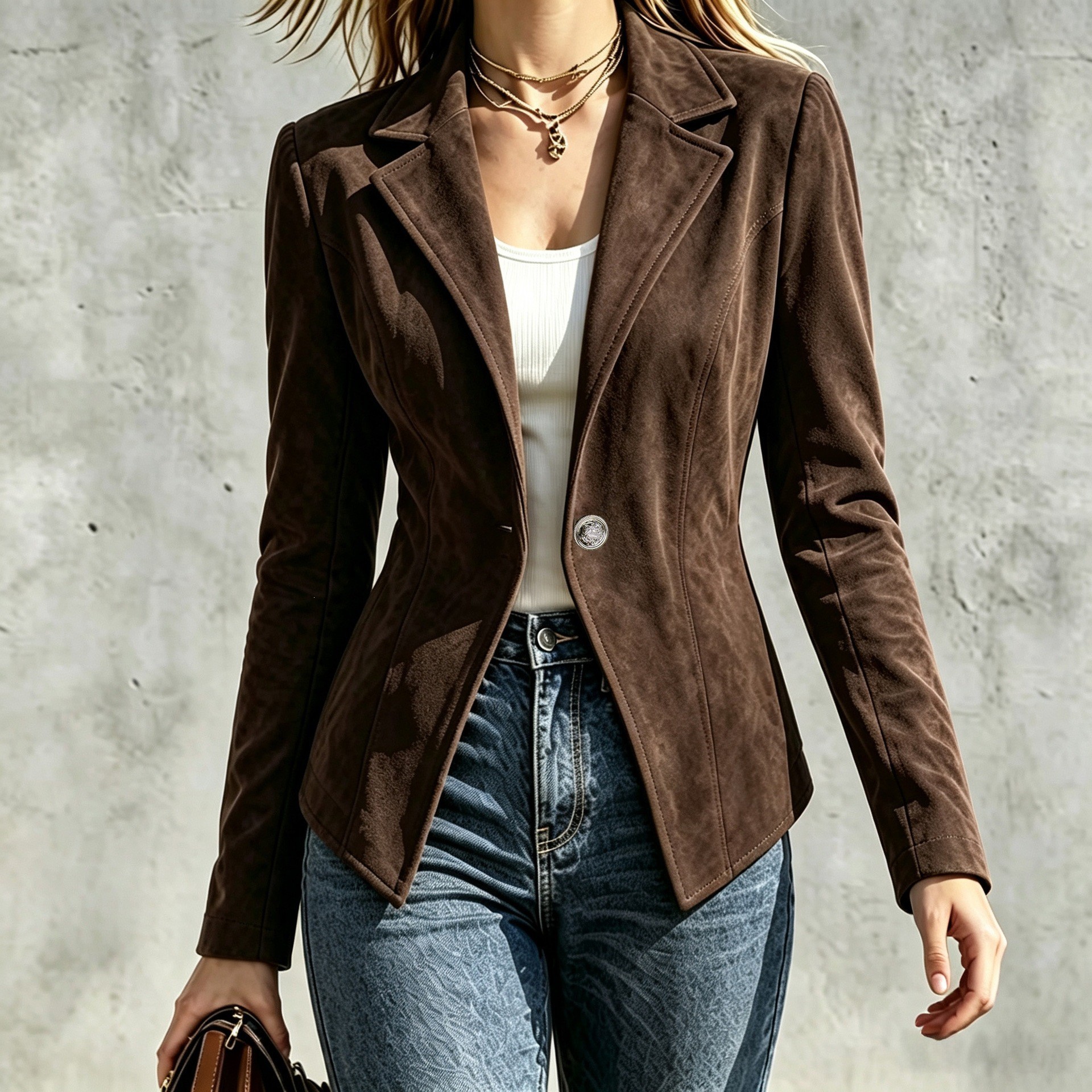 Suede Women's Jacket with Lapel Collar and One-Button Closure