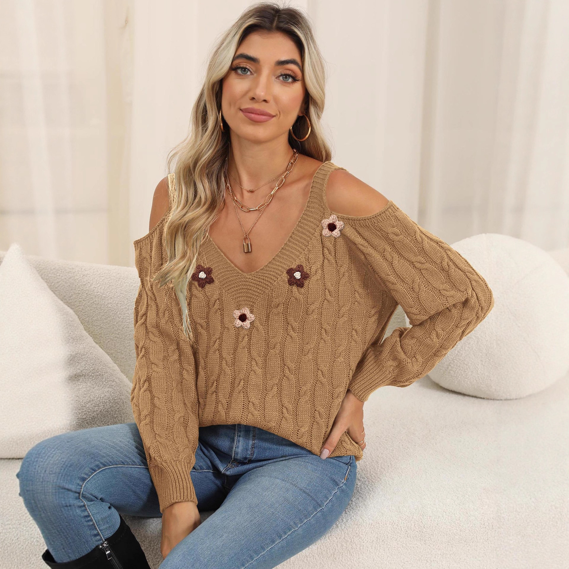Women's Cold-Shoulder Cable-Knit Pullover Sweater with Crochet Floral Detail