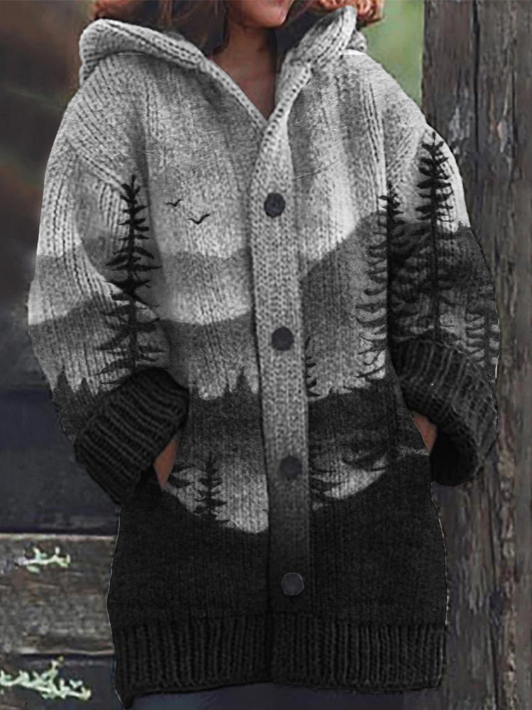 Women's Boho Print Hooded Button Cardigan Sweater
