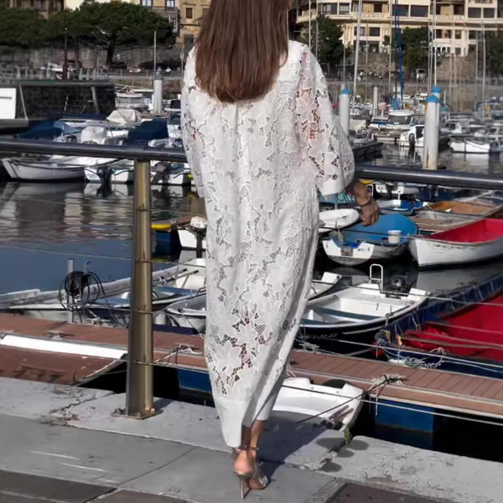 V-Neck Long Sleeve Lace Hollow-Out Maxi Dress