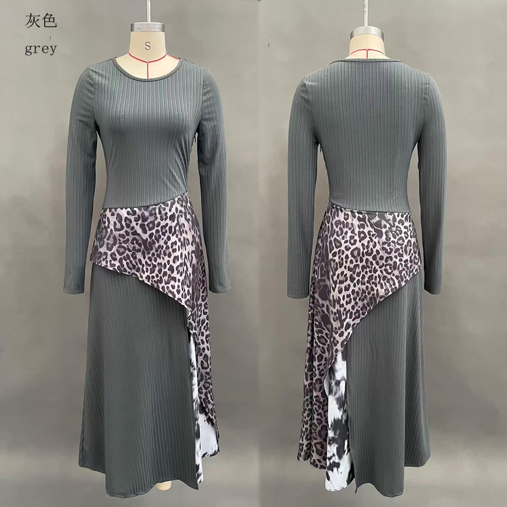 Leopard Print High Waist Long Sleeve Maxi Dress