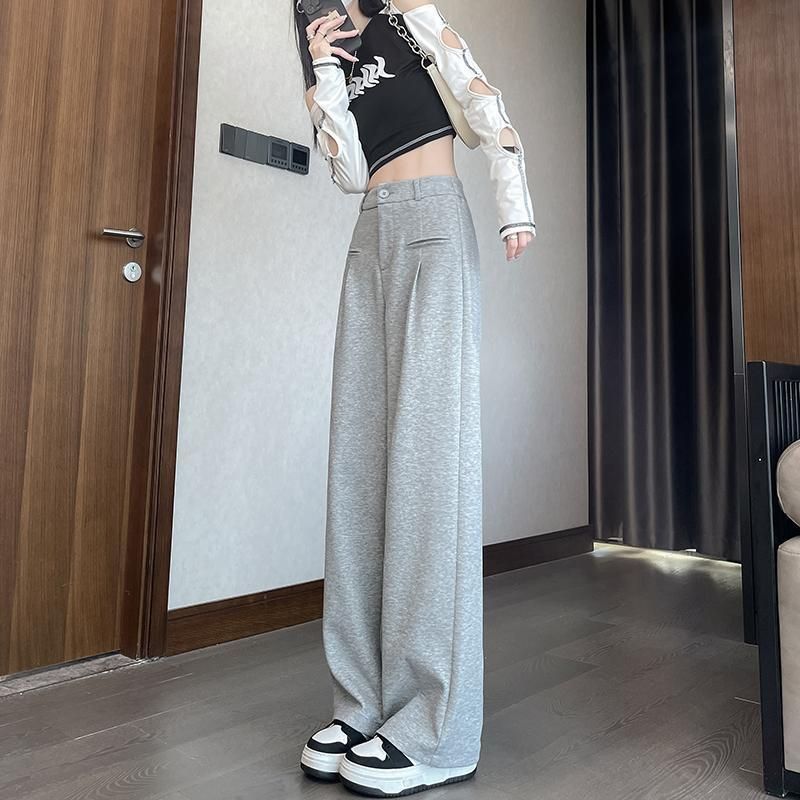 Petite Gray Wide-Leg Straight Pants for Women, Fall/Winter Drapey Slimming Casual