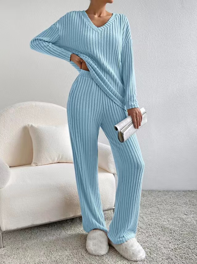 Women's Two-Piece Ribbed Knit Set V-Neck Top & Straight-Leg Pants