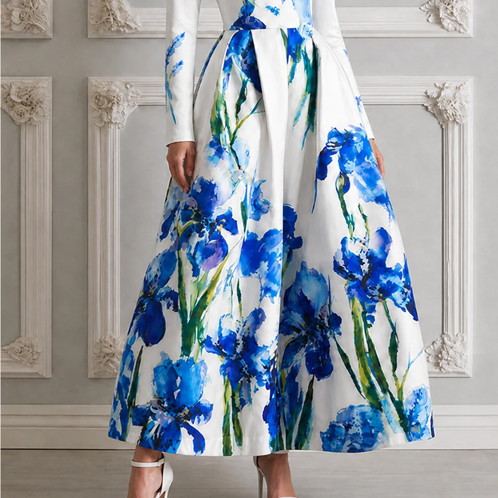 Long Sleeve Blue and White Porcelain Print Maxi Dress