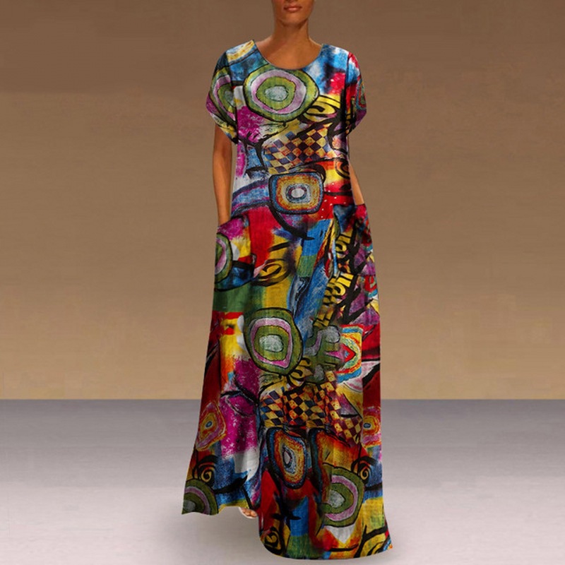 Women's Summer Short Sleeve Printed Casual Long Dress