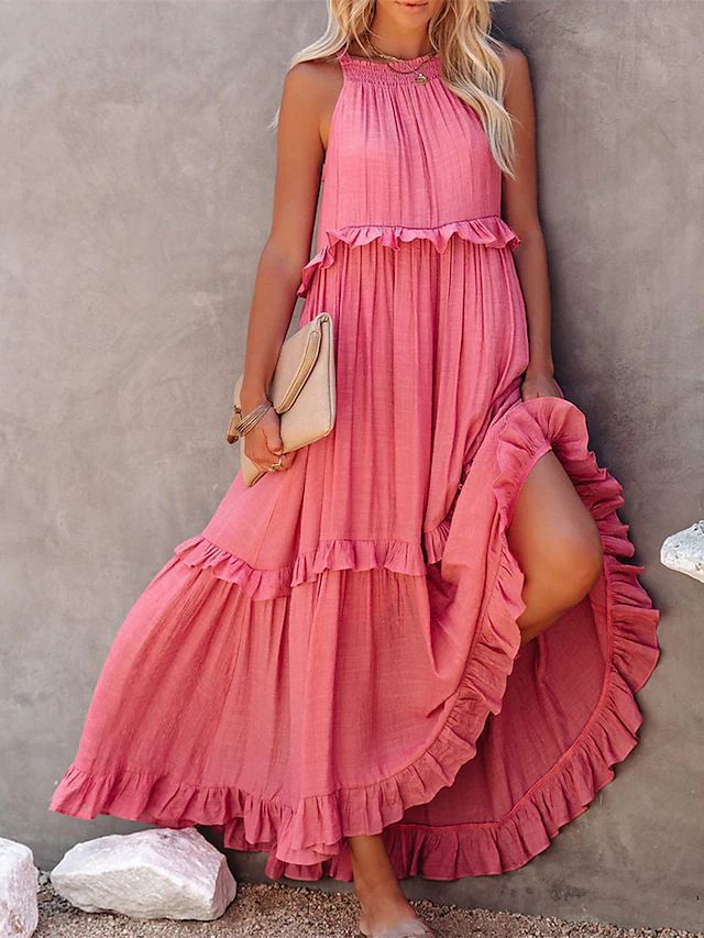 Ruffled Long Vacation Dress with Flowy Maxi Skirt