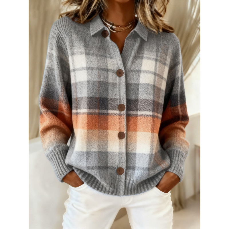 Women's Collared Button-Front Cardigan Sweater, Solid 3D Print Knit, Loose Fit