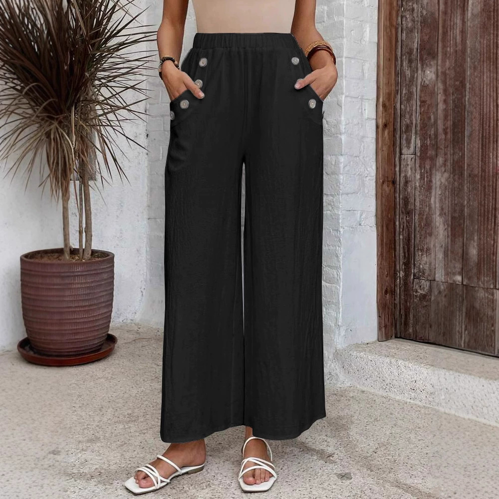Women's High-Waist Cropped Straight-Leg Pants with Button and Pockets