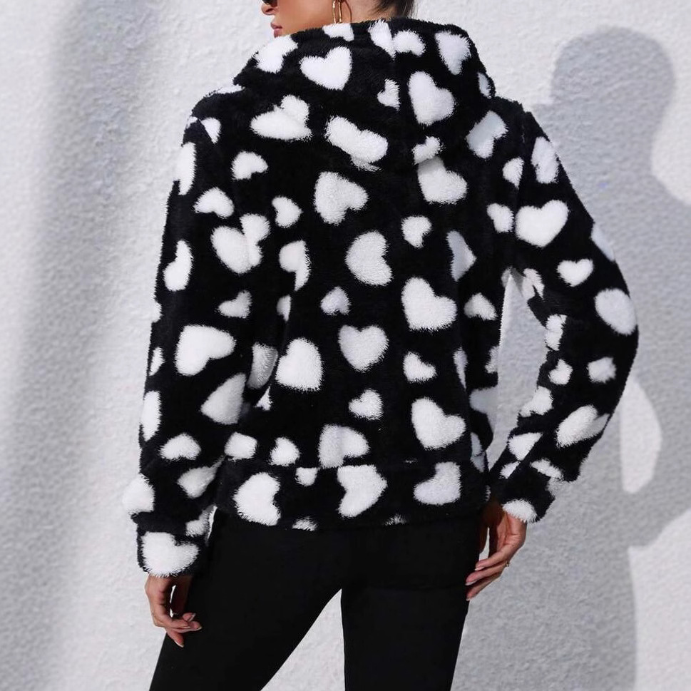 Women's Fuzzy Fleece Zip-Up Hooded Jacket with Geometric Print