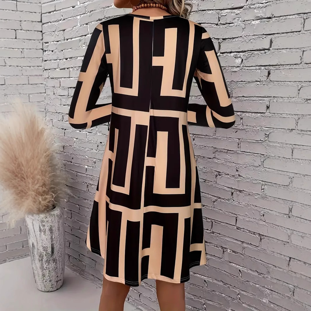 Plus Size Geometric Print A-Line Midi Dress Long Sleeve Crew Neck