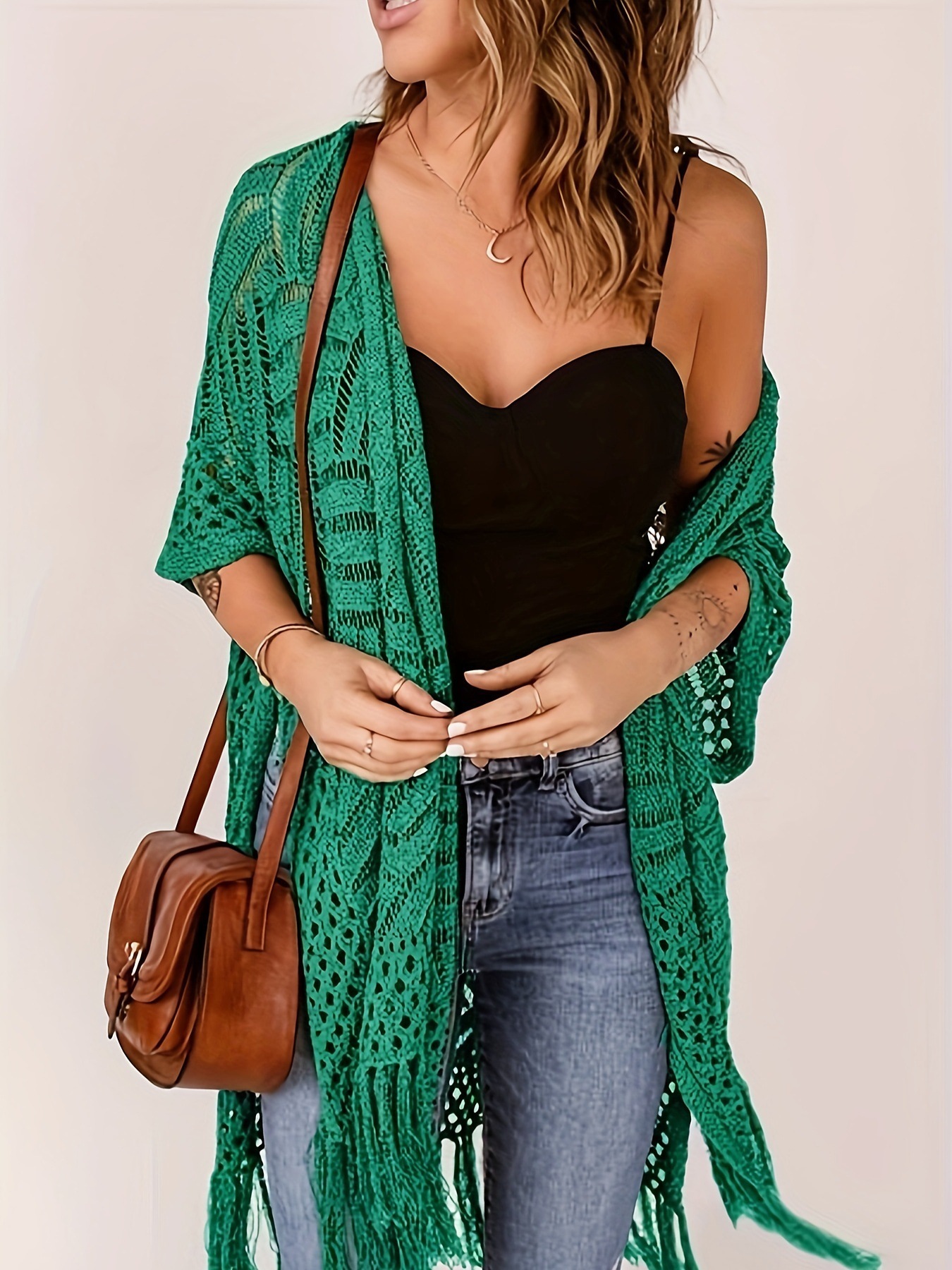 Plus Size Sheer Fringe Knit Bikini Cover-Up Beach Cardigan