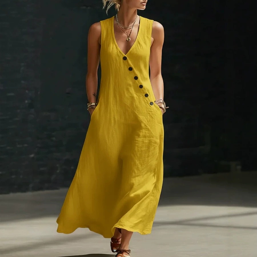 V-Neck Button-Front Sleeveless A-Line Maxi Dress