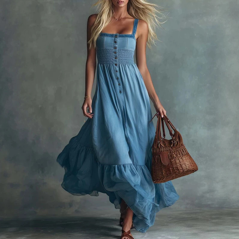 Denim Maxi Dress with Sheer Organza Hem