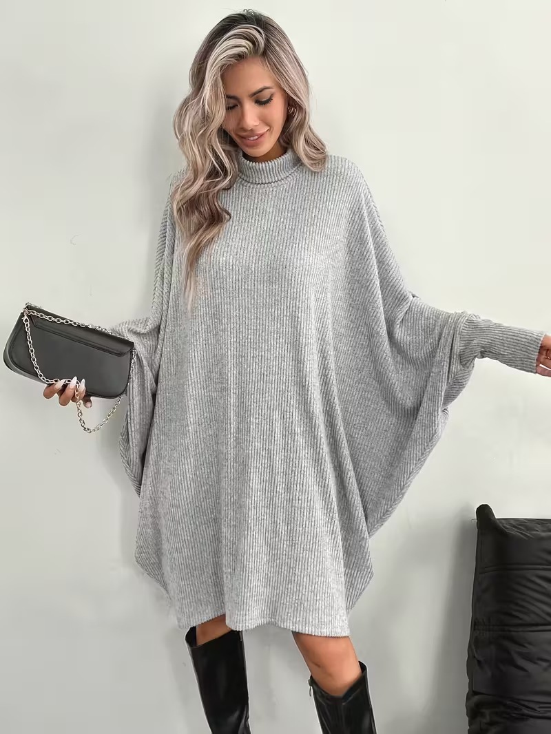 Elegant Loose Batwing Sleeve Turtleneck Long Sleeve Dress Gray Cape Coat