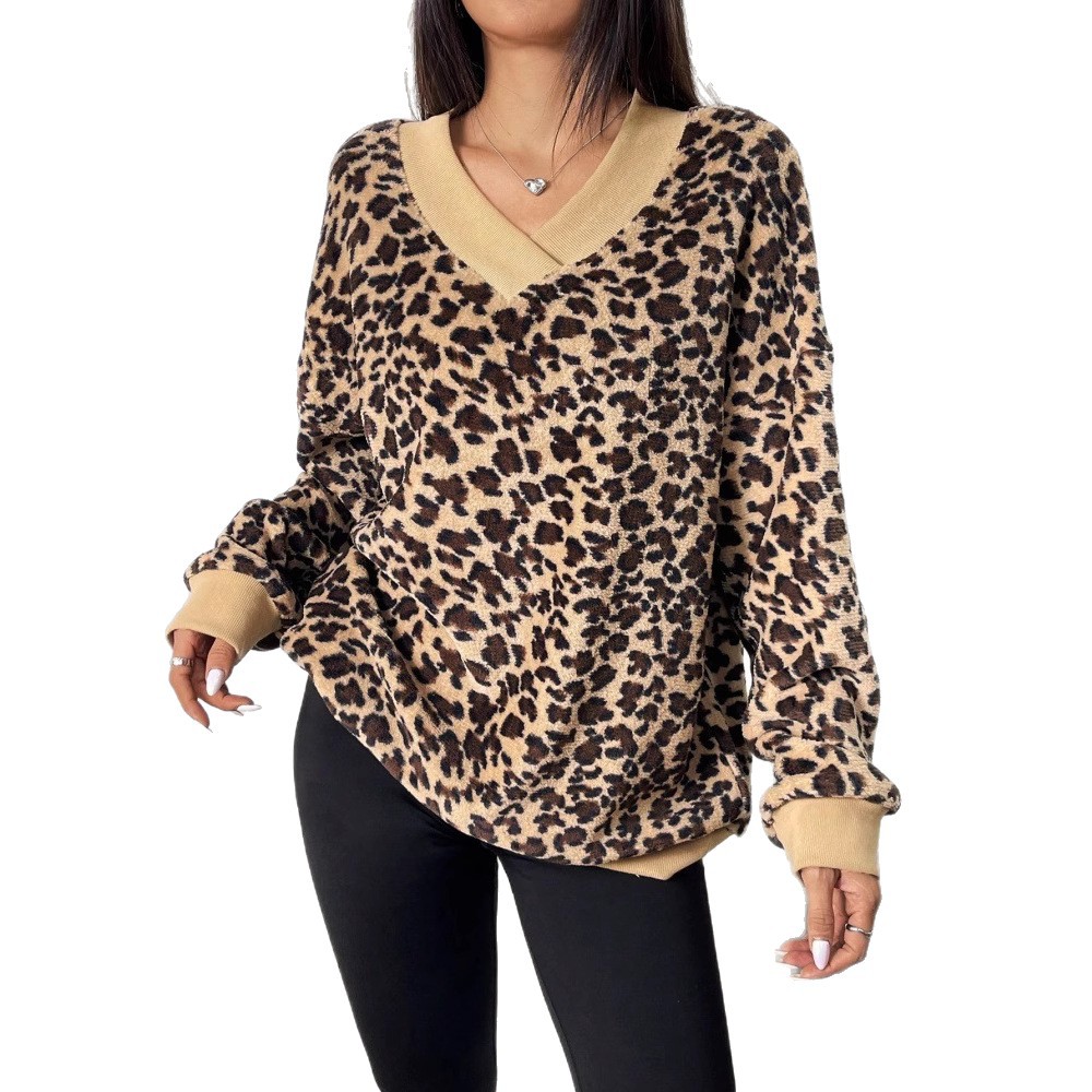 Women's V-Neck Leopard Print Fuzzy Pullover Sweatshirt