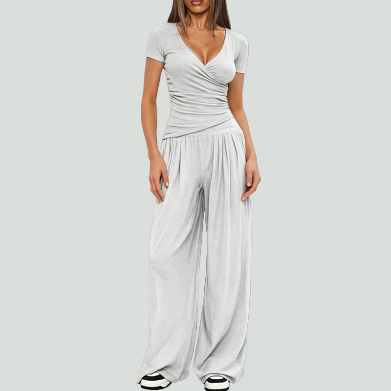 Women's Wide-Leg Pants Set Short Sleeve Two-Piece Casual Commuter