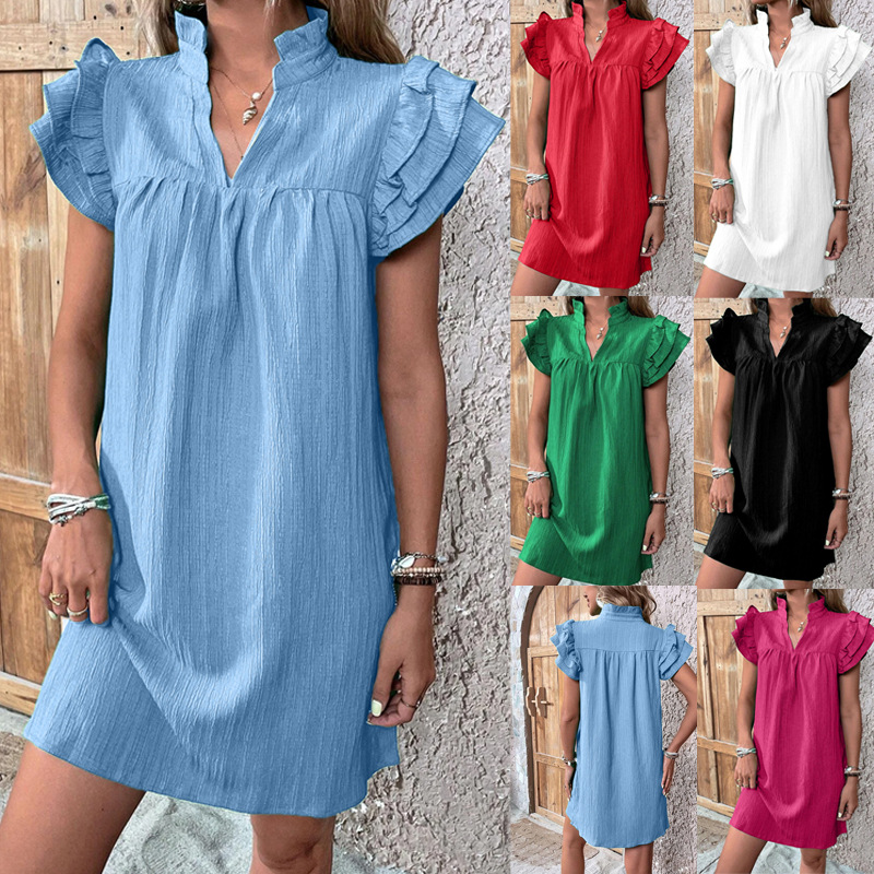Women's Layered Ruffle Sleeve V-Neck Pullover Dress