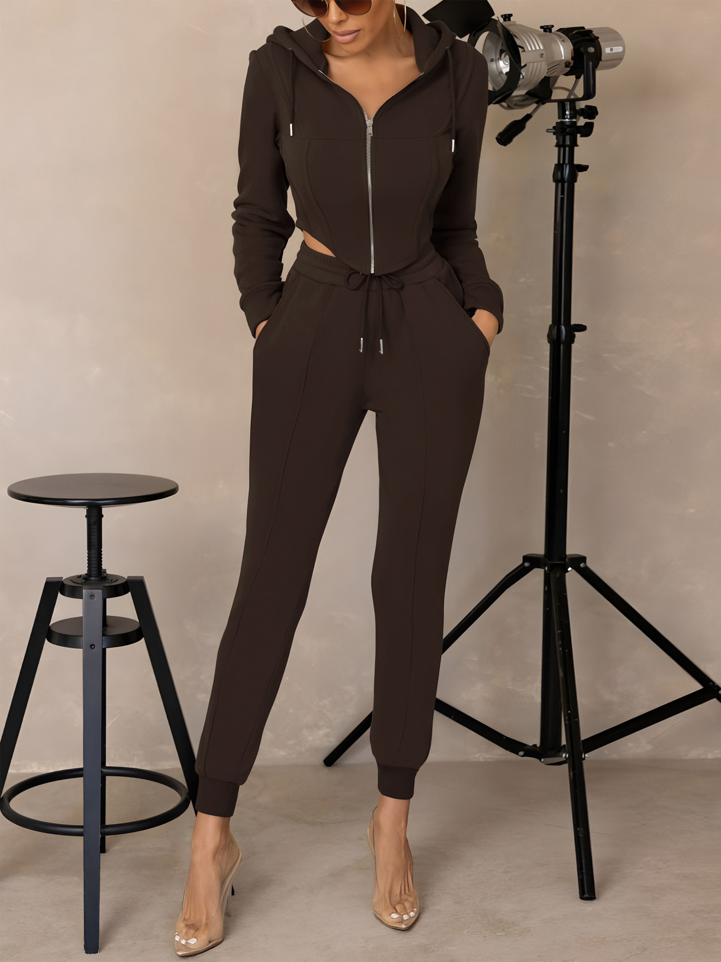 Women's Hooded Zip-Up Cropped Sweatshirt & Jogger Set