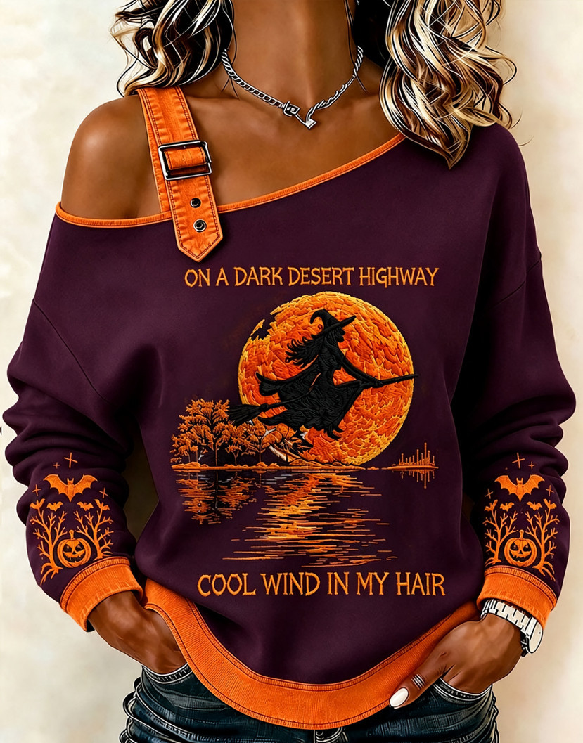 Halloween Witch Broom Print Crewneck Long-Sleeve Lace-Up Sweatshirt
