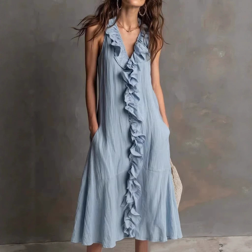 Women's Sleeveless V-Neck Ruffle Hem Midi Dress Solid Color
