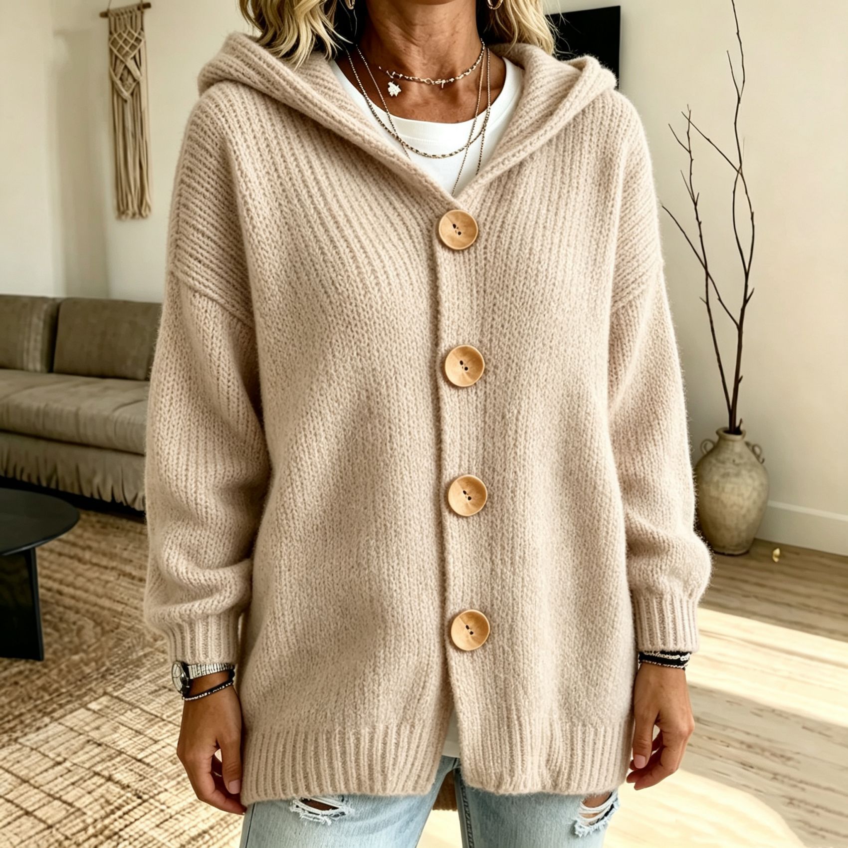 Four-Button Hooded Cardigan Knit Sweater Coat Solid Color Casual Women's