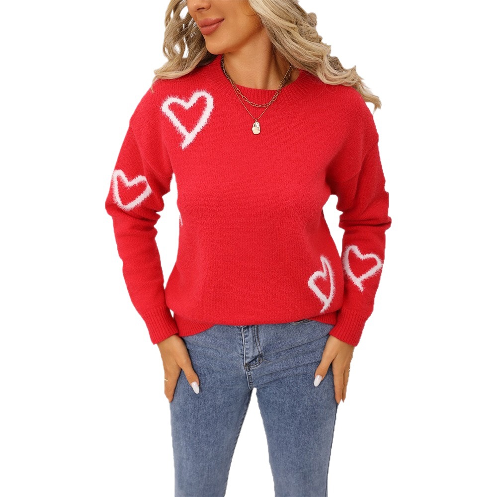 Heart Pattern Crewneck Pullover Sweater Plus Size Knit Top