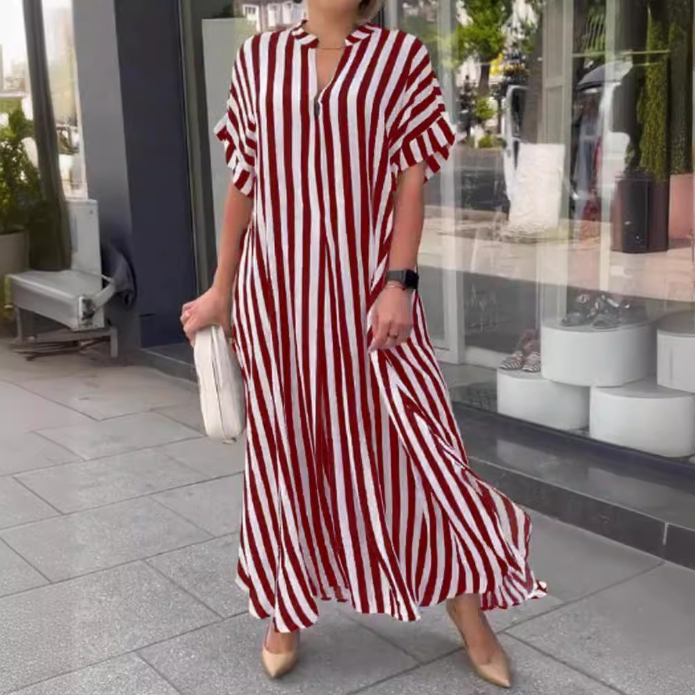 Striped V-Neck Short Sleeve Side Slit Loose Casual Dress